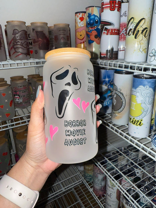 Horror Movie Addict Frosted Glass Can Cup with Bamboo Lid & Straw – 16oz