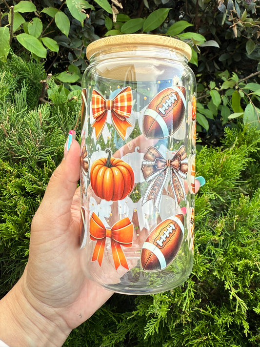 Fall Football & Pumpkin Glass Cup – 16oz