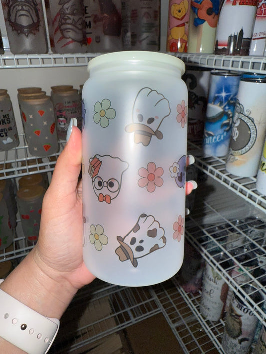 Cute Kawaii Ghosts & Flowers Frosted Glass Can Cup with Bamboo Lid & Straw – 16oz