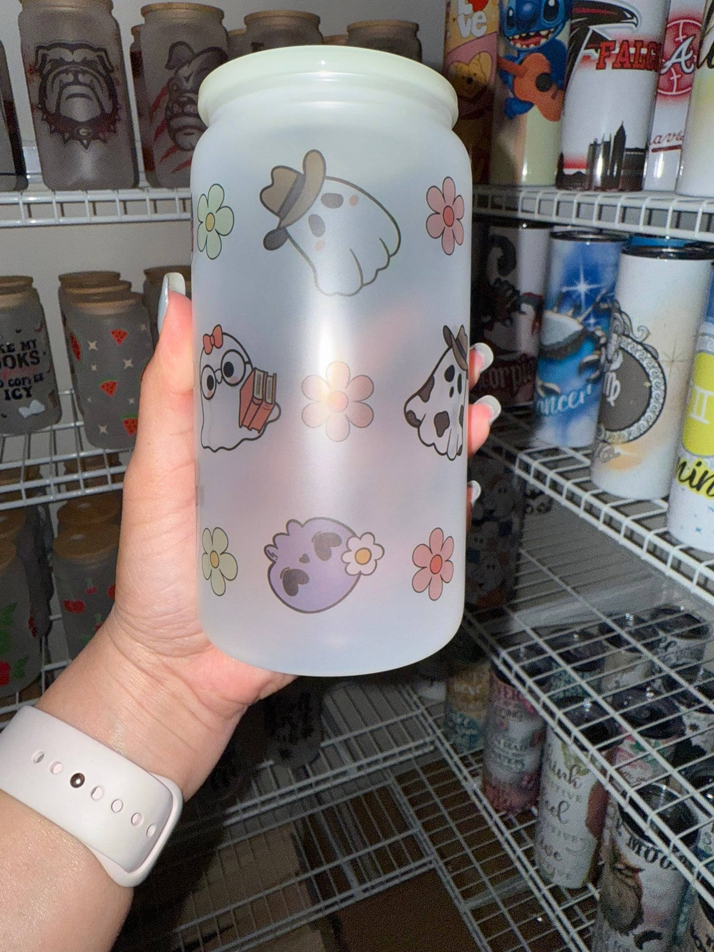 Cute Kawaii Ghosts & Flowers Frosted Glass Can Cup with Bamboo Lid & Straw – 16oz