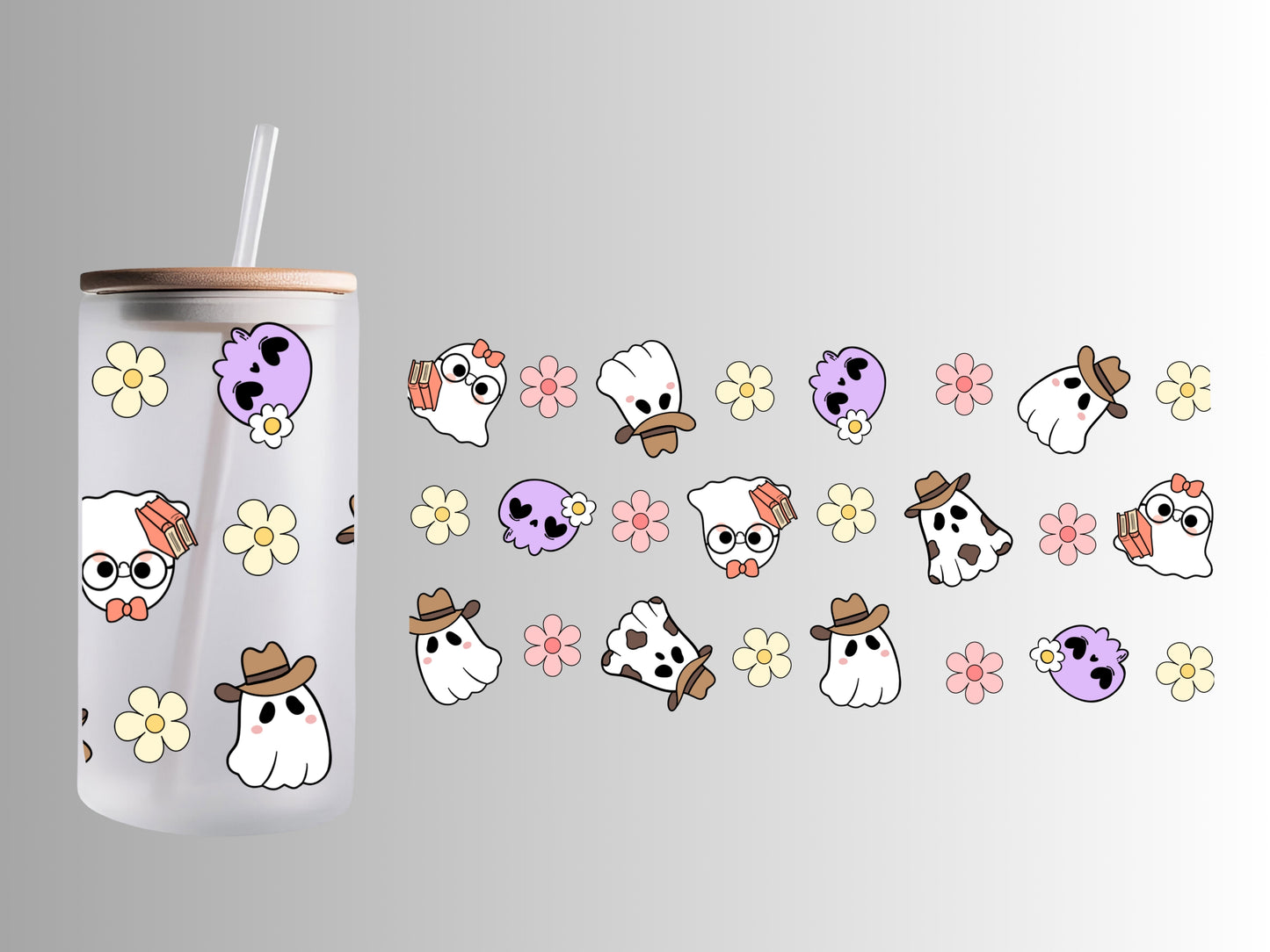 Cute Kawaii Ghosts & Flowers Frosted Glass Can Cup with Bamboo Lid & Straw – 16oz