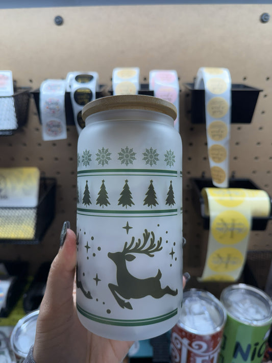 Festive Reindeer & Pine Tree Holiday Glass