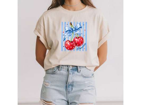 America Cherry Bow Patriotic T-Shirt — Coquette 4th of July Graphic Tee
