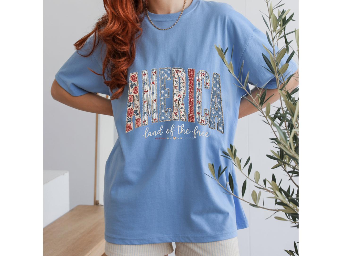 America Cherry Bow Patriotic T-Shirt — Coquette 4th of July Graphic Tee for Women