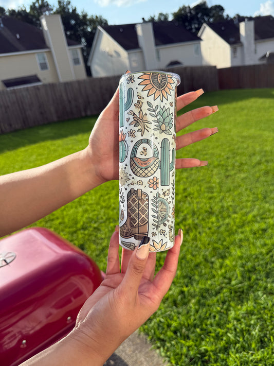 Western Cowboy Slim Tumbler – 20oz Insulated Stainless Steel Cup with Cactus & Boot