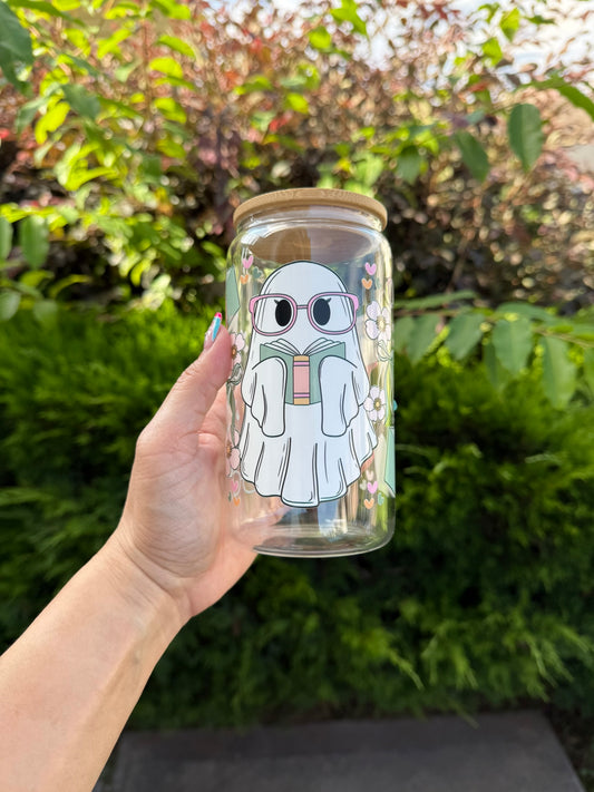 Cute Ghost Book Lover Glass Can – Spooky Reader Aesthetic Tumbler with Lid