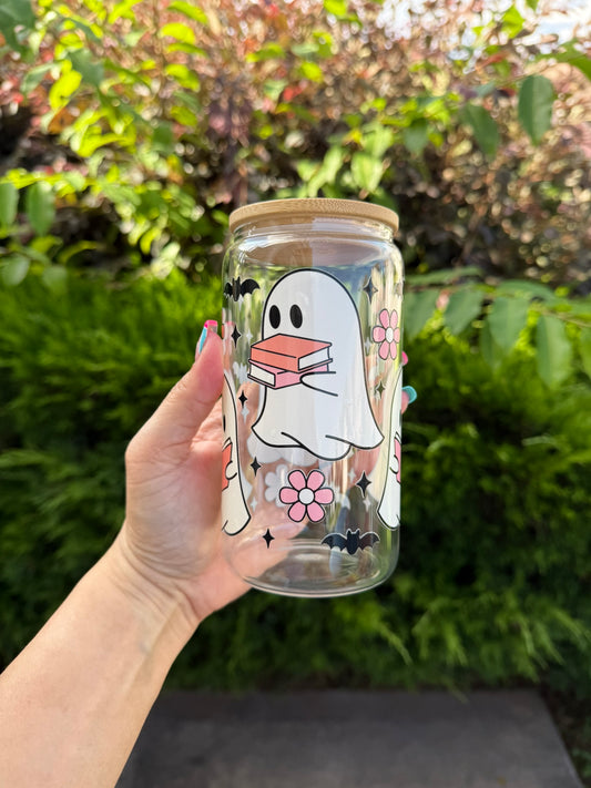 Pink Ghost Bookish Glass Can – Cute Spooky Aesthetic Tumbler