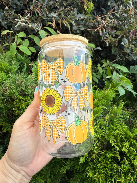 Pumpkins & Sunflowers Fall 16oz Glass Can Cup