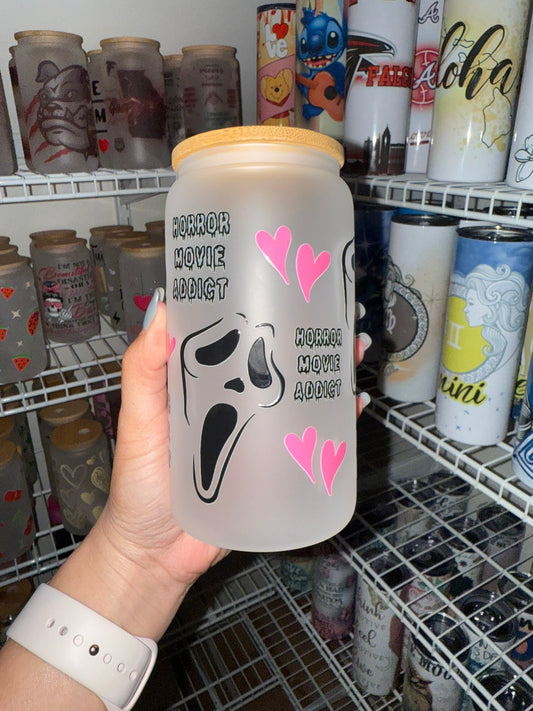 Horror Movie Addict Frosted Glass Can Cup with Bamboo Lid & Straw – 16oz