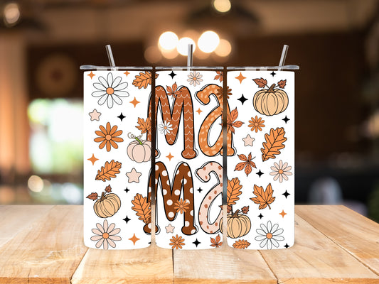 Fall Mama 20oz Skinny Tumbler – Pumpkin, Daisy & Autumn Leaves Design