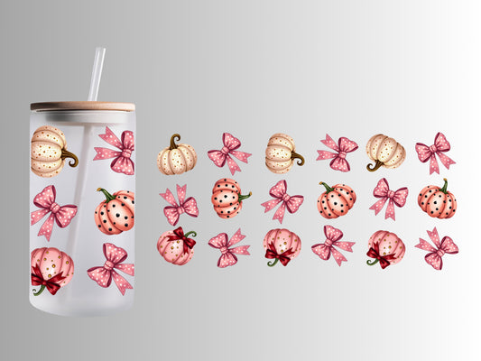 Pink Pumpkin & Bow Frosted Glass Can Cup with Pink Lid & Straw – 16oz