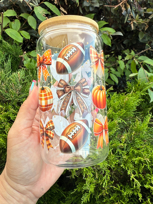 Fall Football & Pumpkin Glass Cup – 16oz