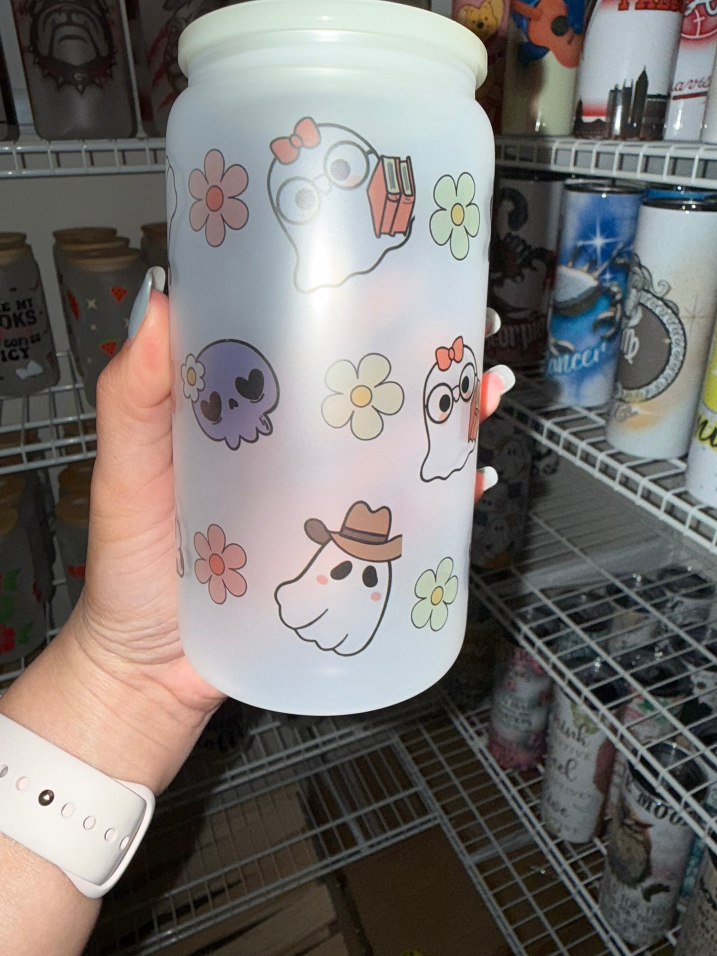 Cute Kawaii Ghosts & Flowers Frosted Glass Can Cup with Bamboo Lid & Straw – 16oz