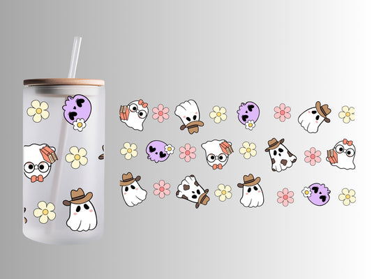 Cute Kawaii Ghosts & Flowers Frosted Glass Can Cup with Bamboo Lid & Straw – 16oz