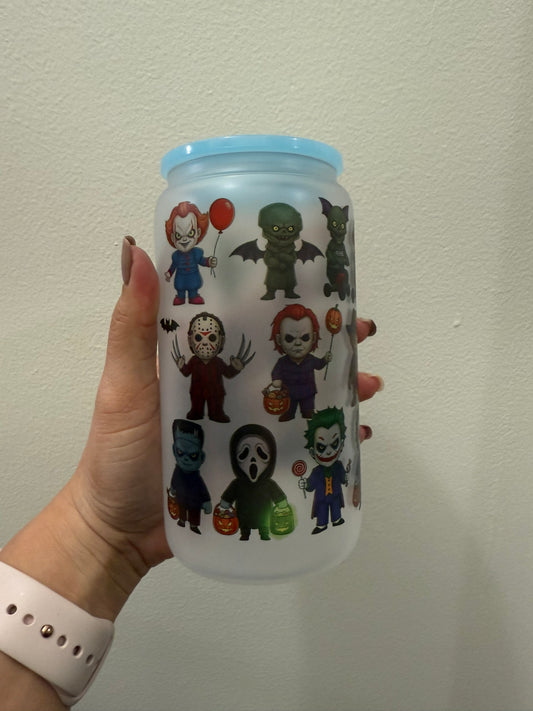 🎃 Cute Horror Characters 16oz Frosted Glass Can Cup | Chibi Slasher Villains Tumbler with Straw