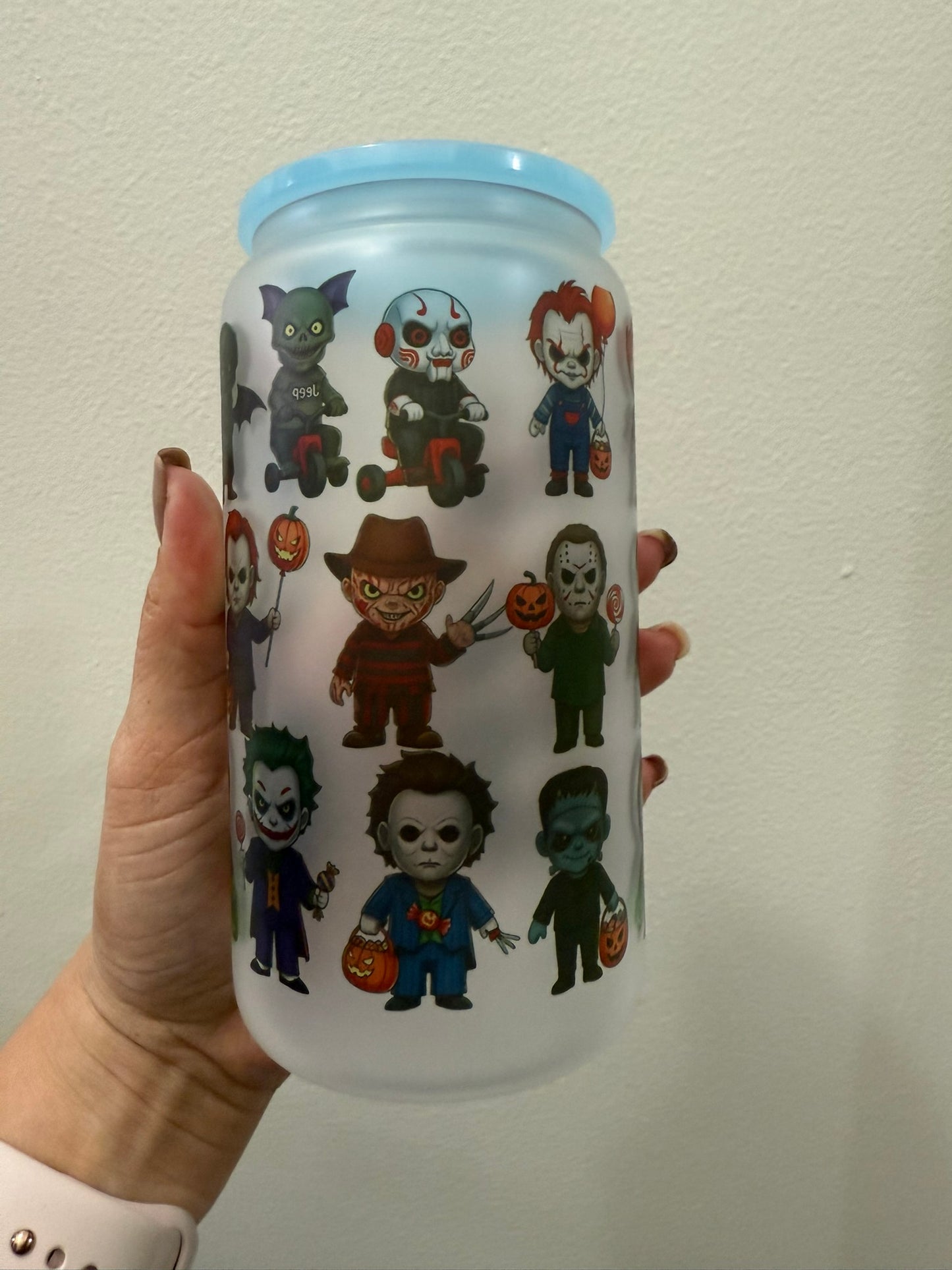 🎃 Cute Horror Characters 16oz Frosted Glass Can Cup | Chibi Slasher Villains Tumbler with Straw