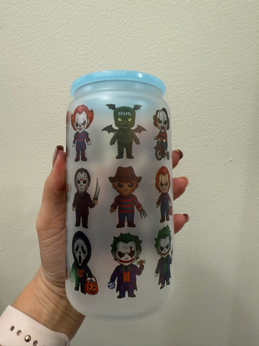 🎃 Cute Horror Characters 16oz Frosted Glass Can Cup | Chibi Slasher Villains Tumbler with Straw