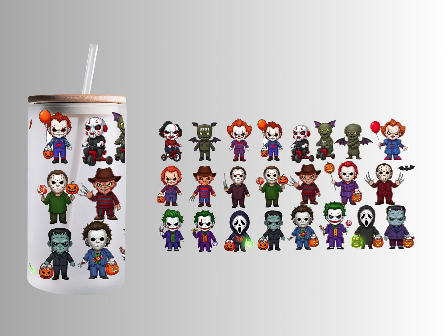 🎃 Cute Horror Characters 16oz Frosted Glass Can Cup | Chibi Slasher Villains Tumbler with Straw