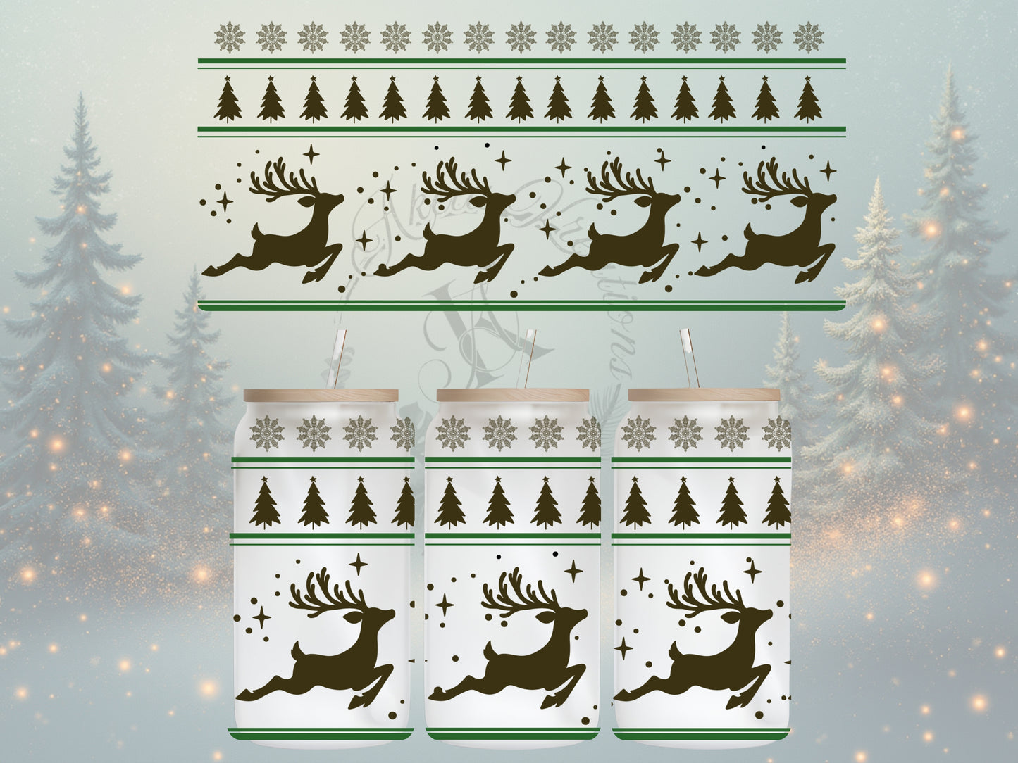 Festive Reindeer & Pine Tree Holiday Glass