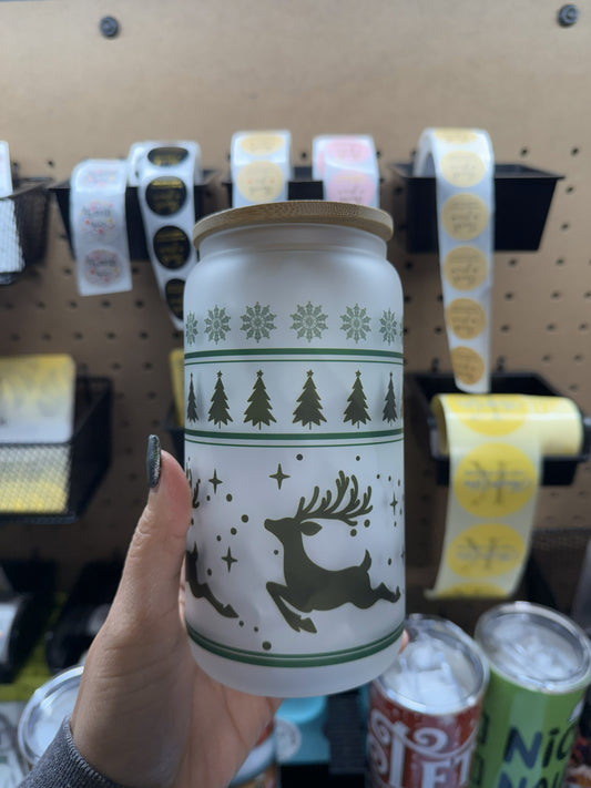 Festive Reindeer & Pine Tree Holiday Glass