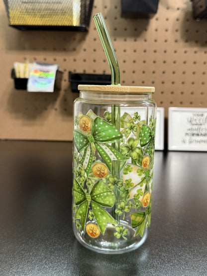 St. Patrick’s Day Green Bow Shamrock Glass Can Cup – 16oz