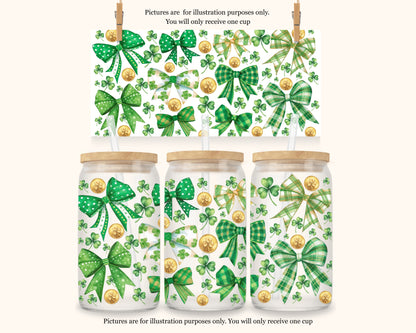 St. Patrick’s Day Green Bow Shamrock Glass Can Cup – 16oz