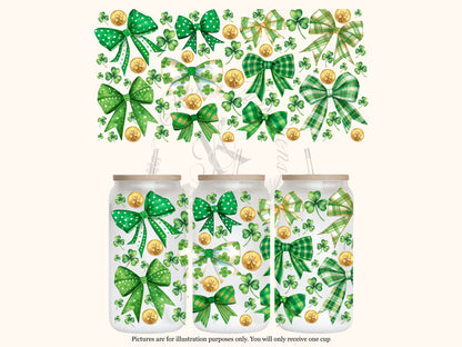St. Patrick’s Day Green Bow Shamrock Glass Can Cup – 16oz