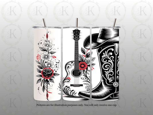 Country Music Guitar & Cowboy Boot Floral Skinny Tumbler