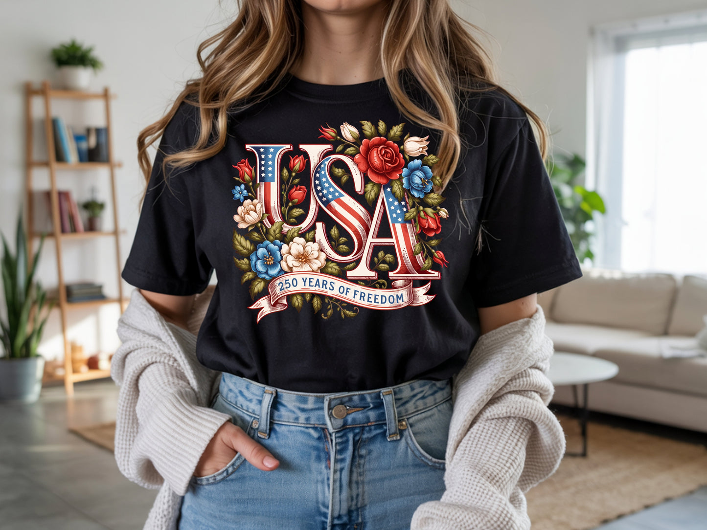 USA 250 Years of Freedom — Floral Patriotic Graphic Tee