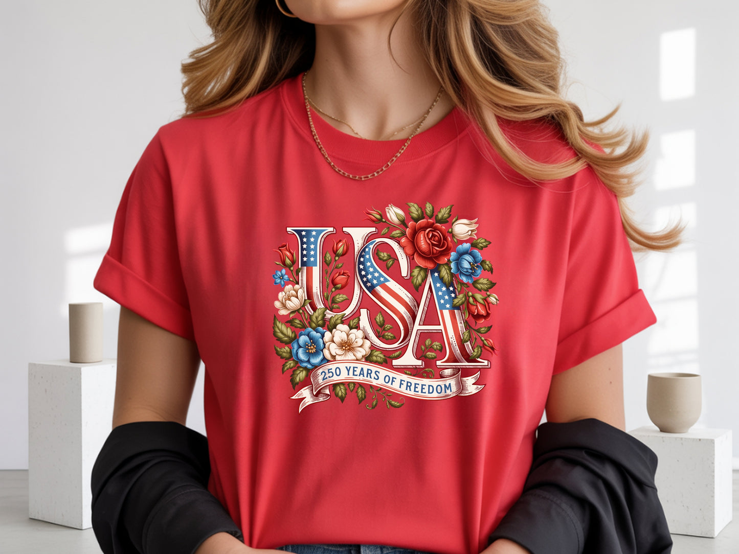 USA 250 Years of Freedom — Floral Patriotic Graphic Tee
