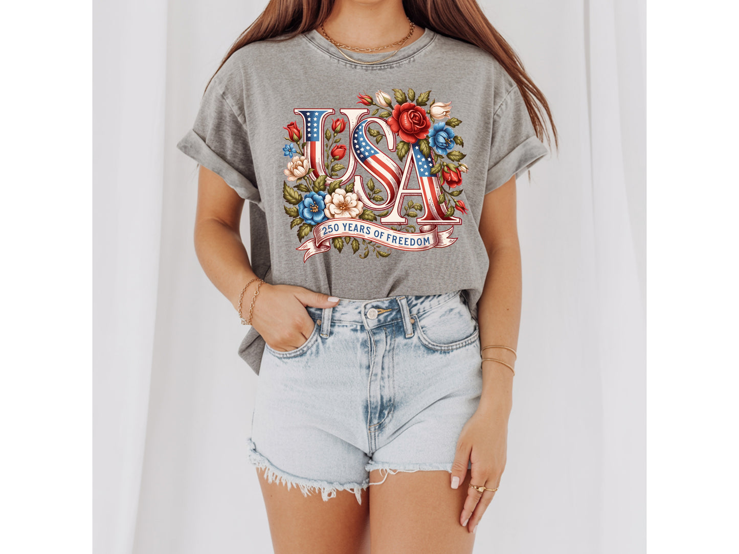 USA 250 Years of Freedom — Floral Patriotic Graphic Tee