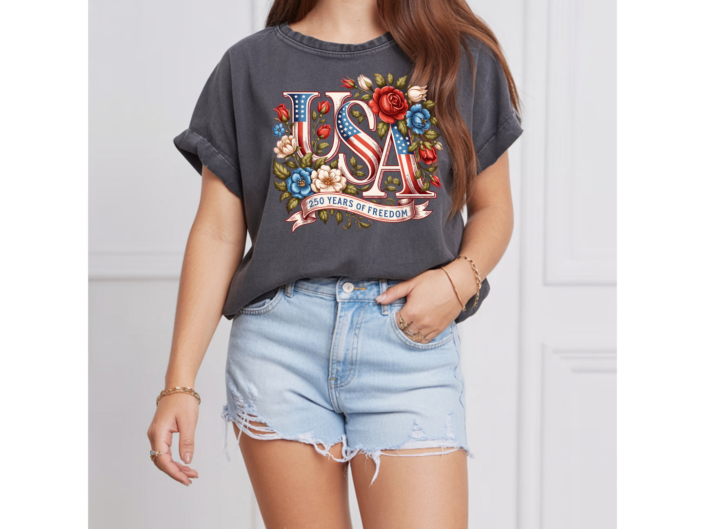 USA 250 Years of Freedom — Floral Patriotic Graphic Tee