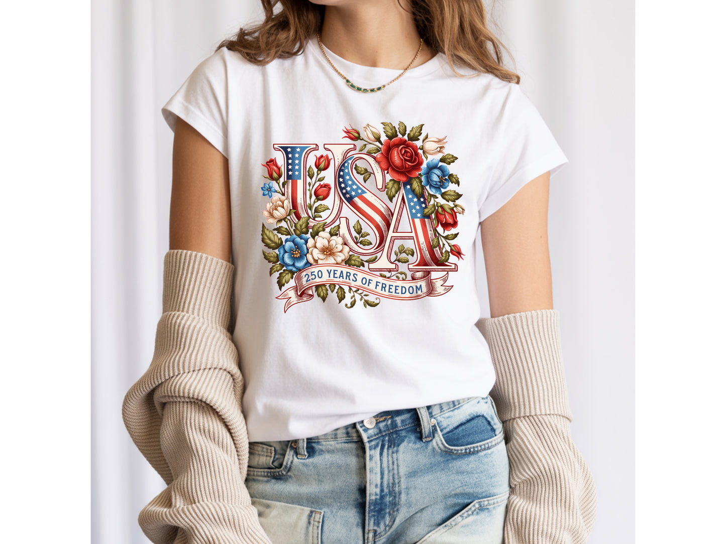 USA 250 Years of Freedom — Floral Patriotic Graphic Tee