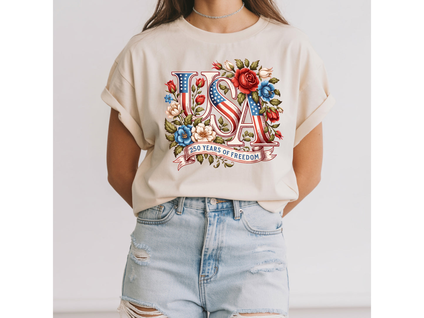 USA 250 Years of Freedom — Floral Patriotic Graphic Tee