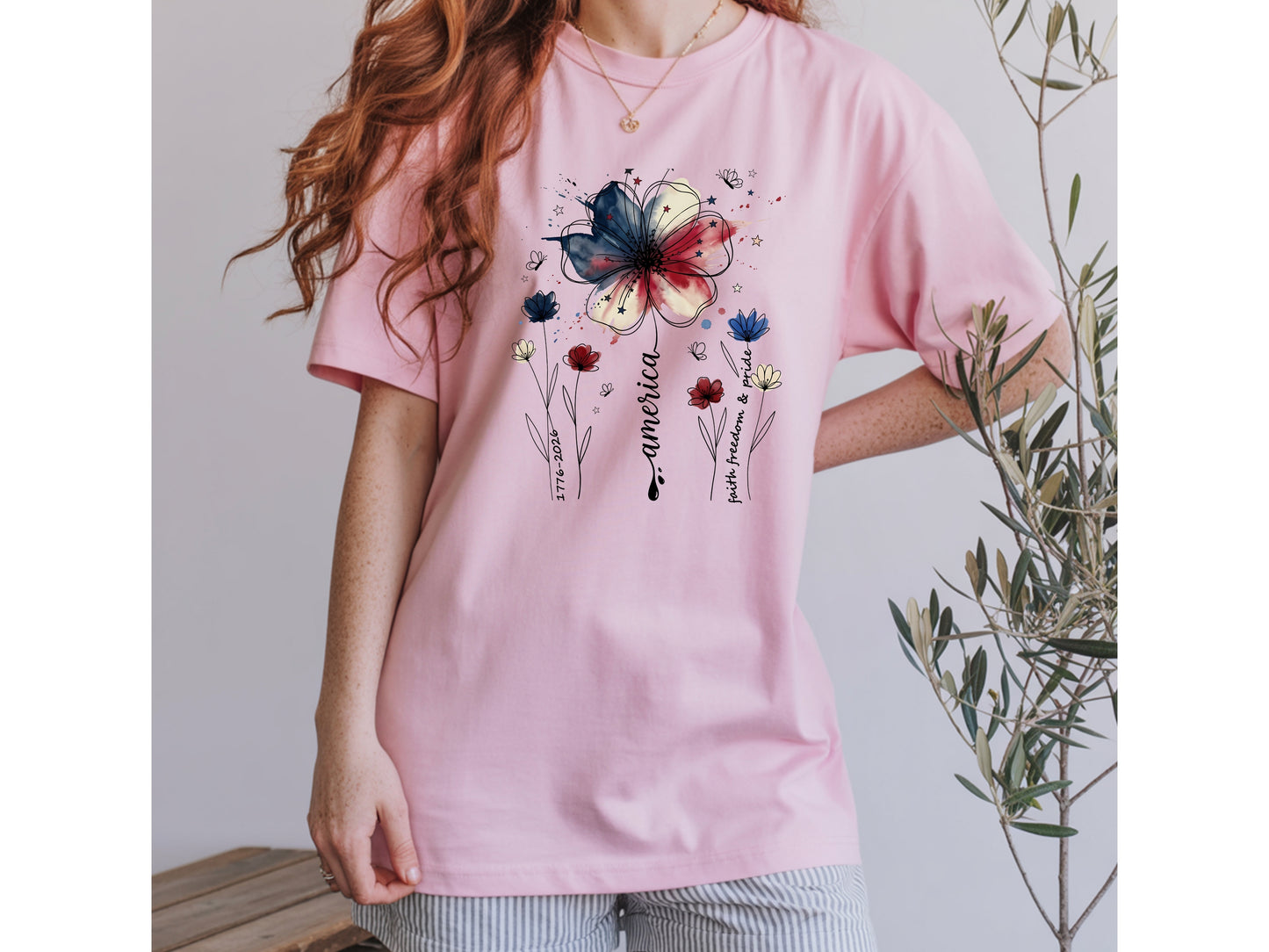 America Wildflower Watercolor T-Shirt — 1776–2026 Patriotic Floral Tee
