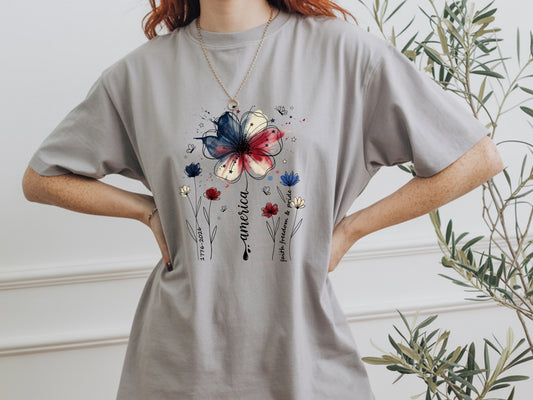 America Wildflower Watercolor T-Shirt — 1776–2026 Patriotic Floral Tee