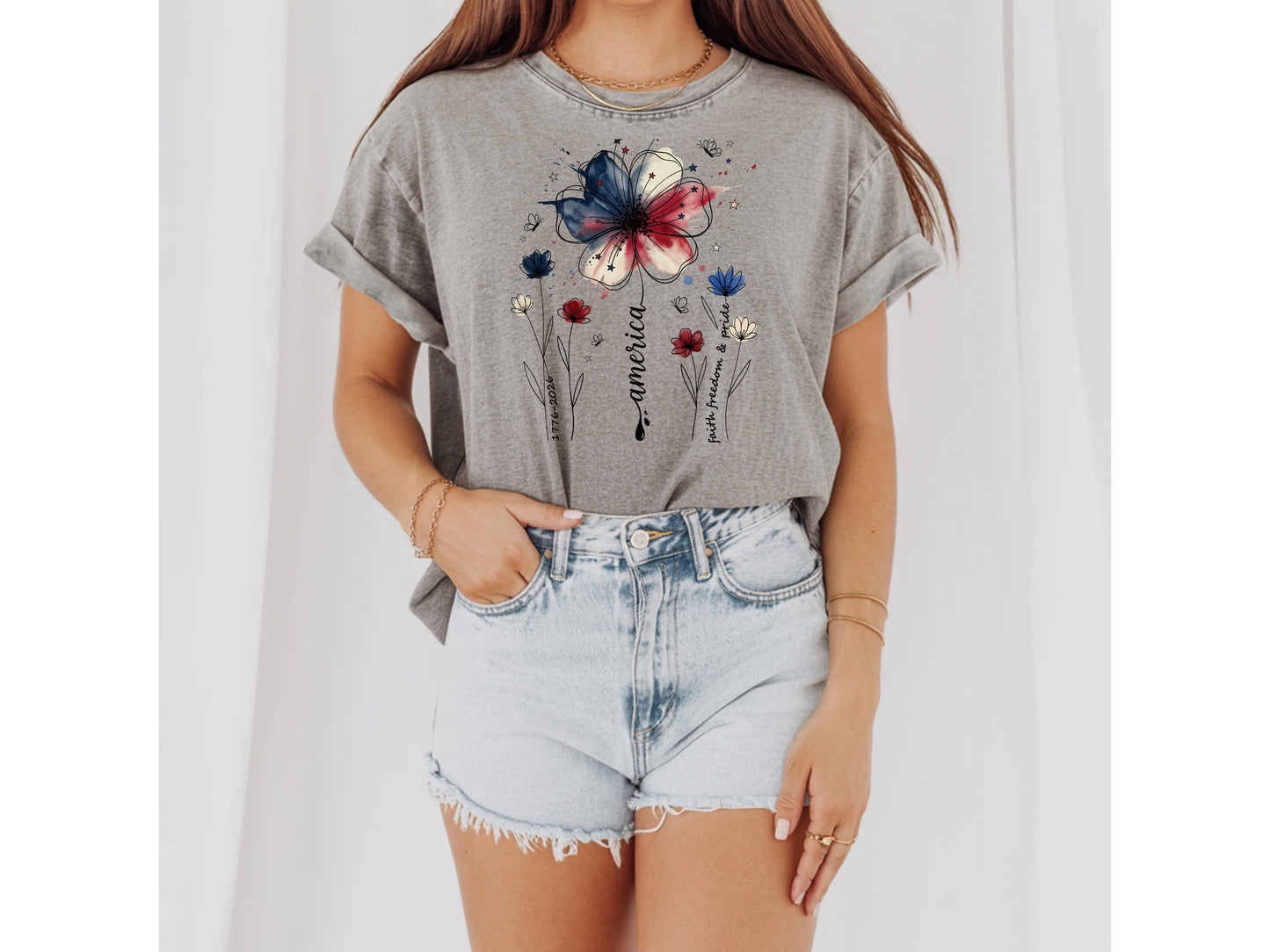 America Wildflower Watercolor T-Shirt — 1776–2026 Patriotic Floral Tee