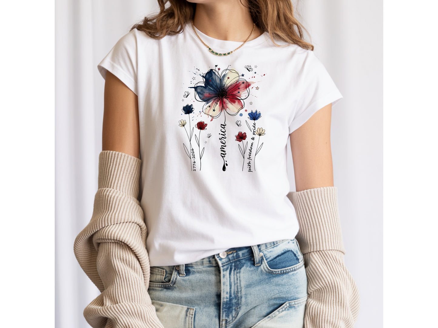 America Wildflower Watercolor T-Shirt — 1776–2026 Patriotic Floral Tee