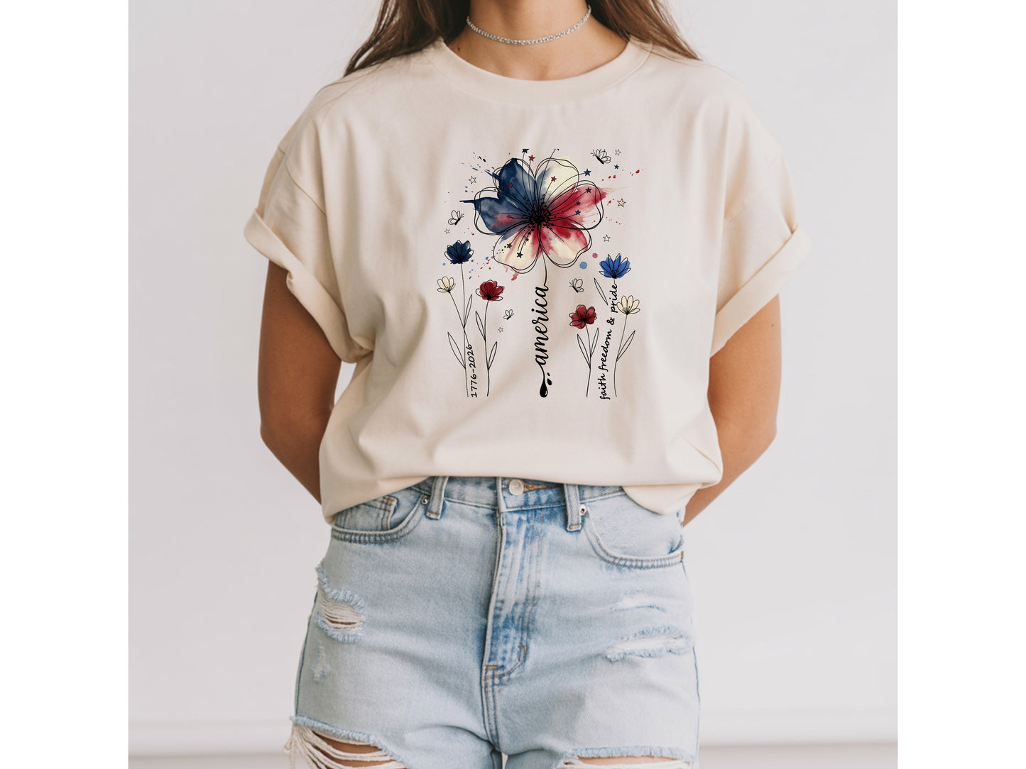 America Wildflower Watercolor T-Shirt — 1776–2026 Patriotic Floral Tee
