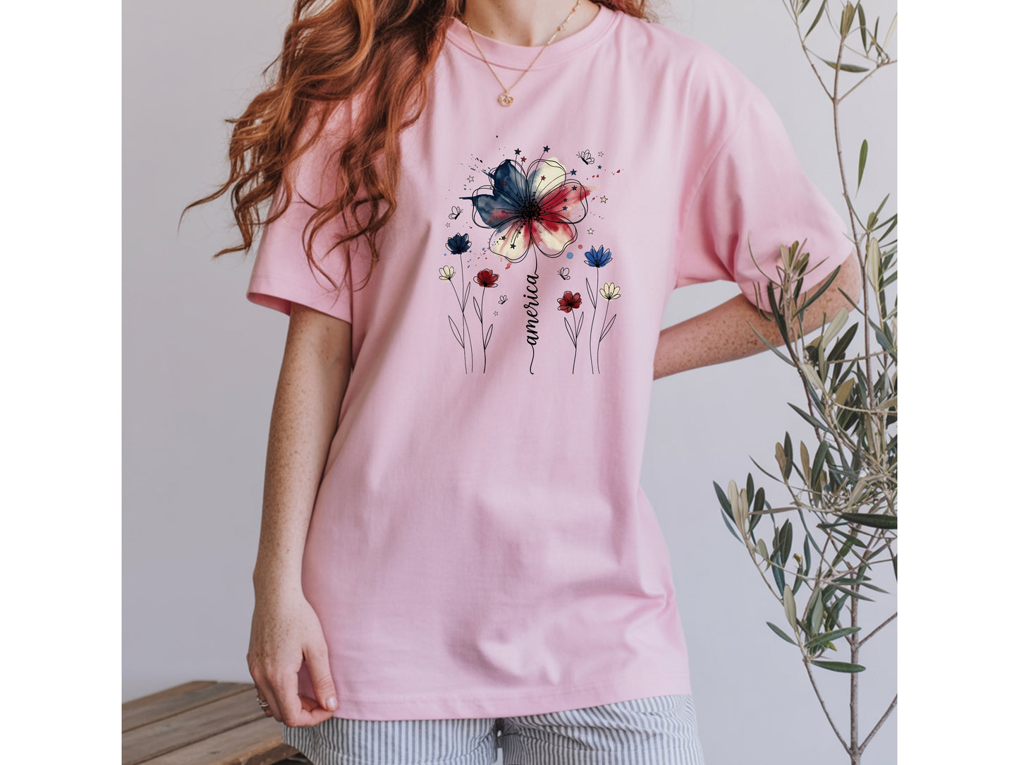 America Watercolor Wildflower T-Shirt — Patriotic Floral Graphic Tee