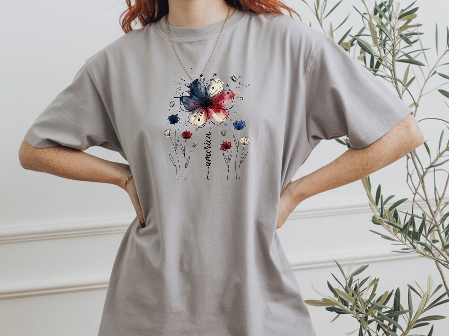 America Watercolor Wildflower T-Shirt — Patriotic Floral Graphic Tee