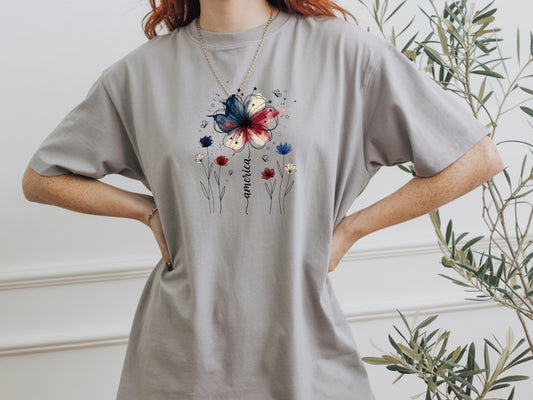 America Watercolor Wildflower T-Shirt — Patriotic Floral Graphic Tee