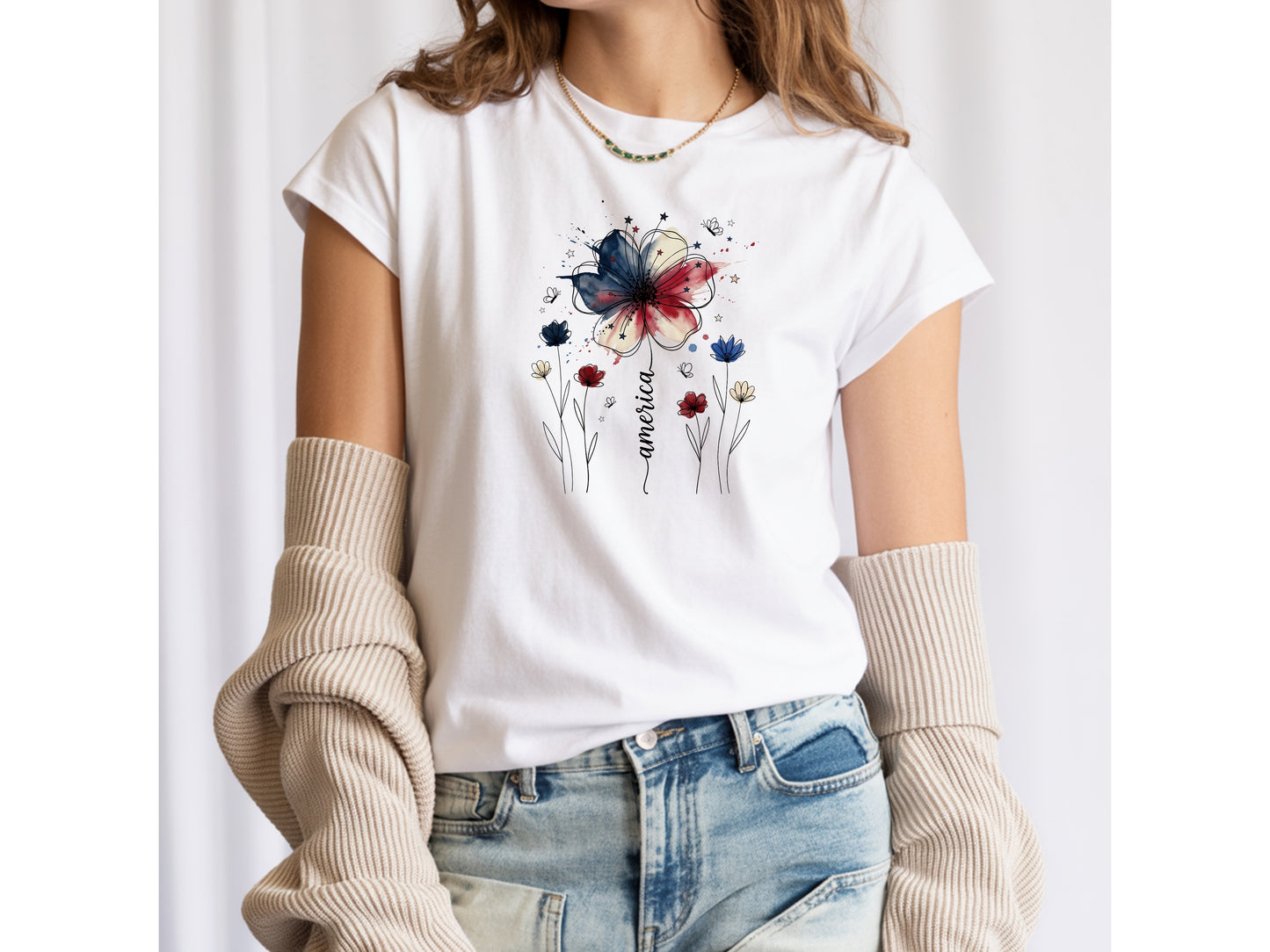 America Watercolor Wildflower T-Shirt — Patriotic Floral Graphic Tee