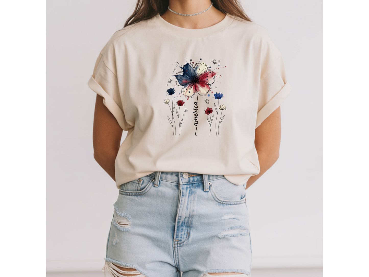America Watercolor Wildflower T-Shirt — Patriotic Floral Graphic Tee
