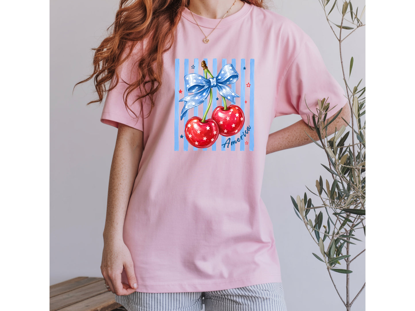 America Cherry Bow Patriotic T-Shirt — Coquette 4th of July Graphic Tee