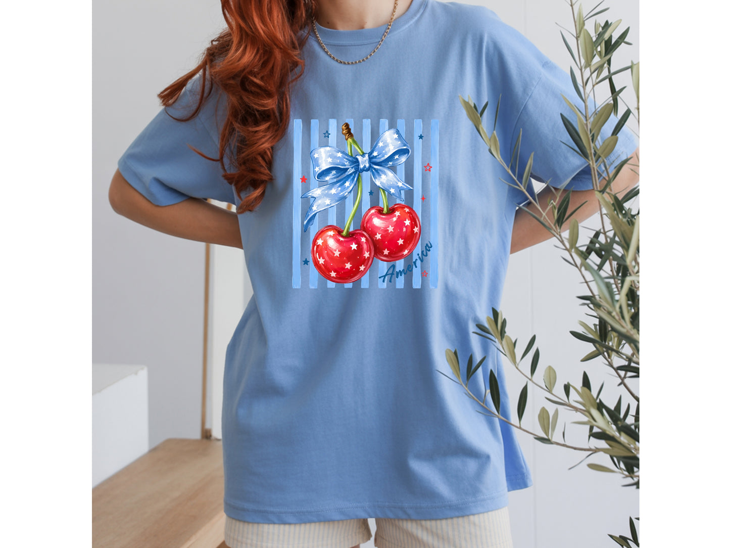 America Cherry Bow Patriotic T-Shirt — Coquette 4th of July Graphic Tee