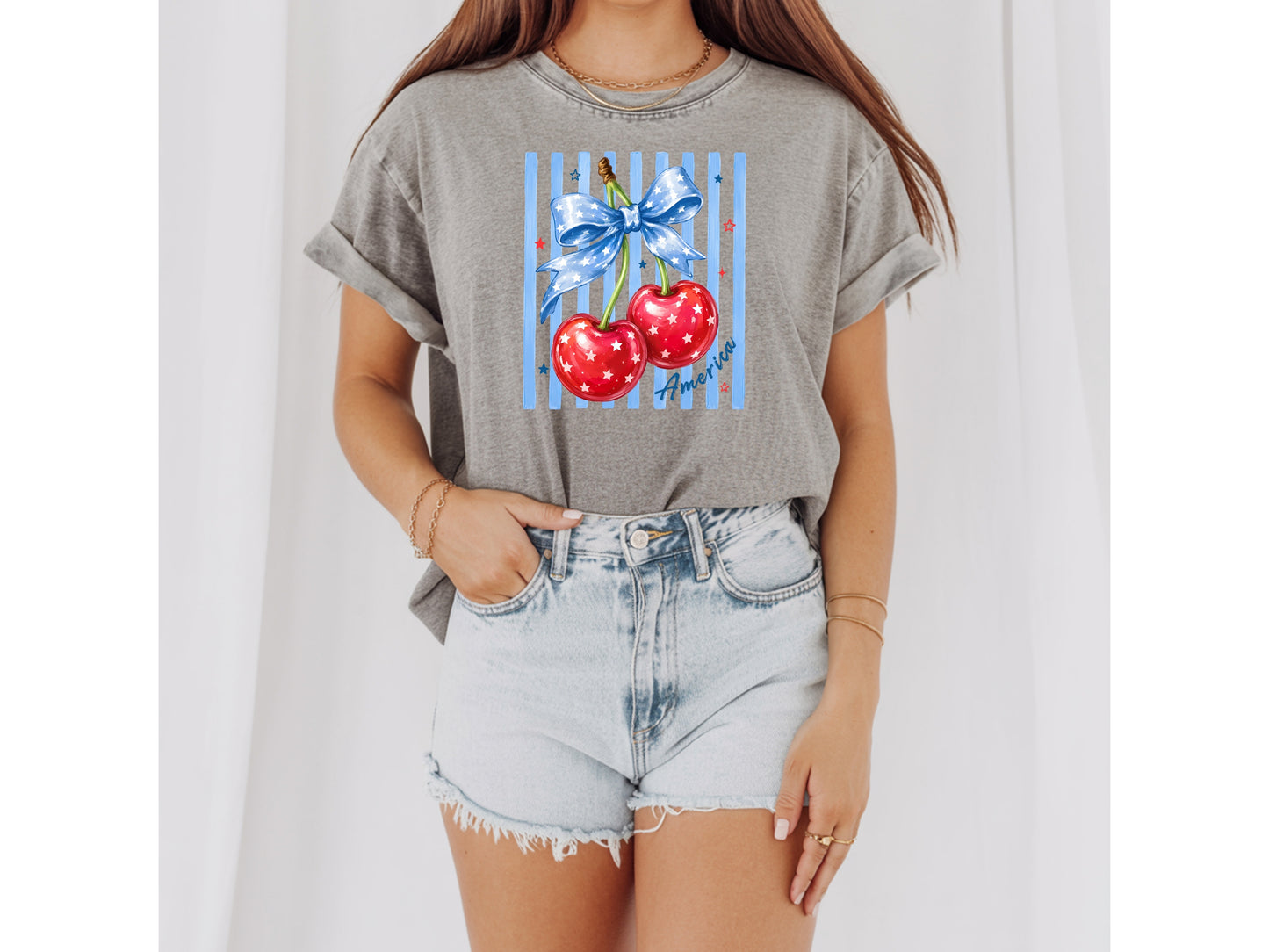 America Cherry Bow Patriotic T-Shirt — Coquette 4th of July Graphic Tee