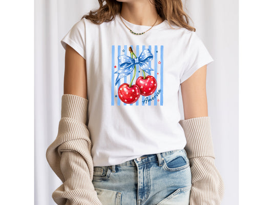 America Cherry Bow Patriotic T-Shirt — Coquette 4th of July Graphic Tee