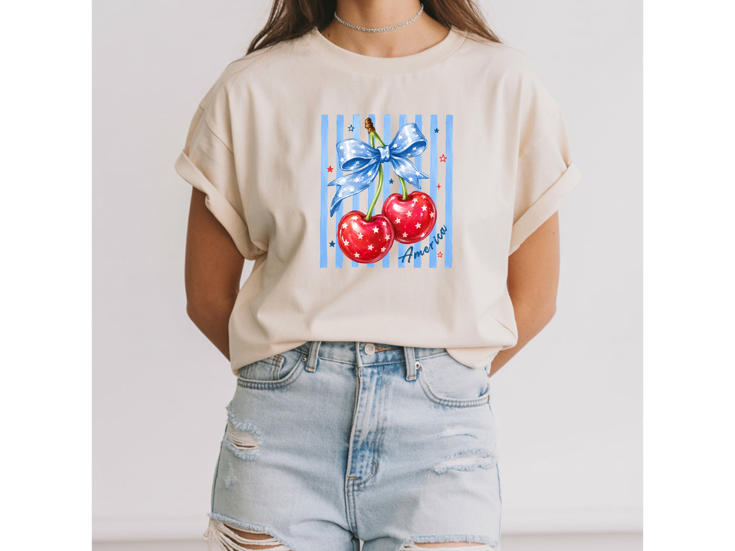 America Cherry Bow Patriotic T-Shirt — Coquette 4th of July Graphic Tee