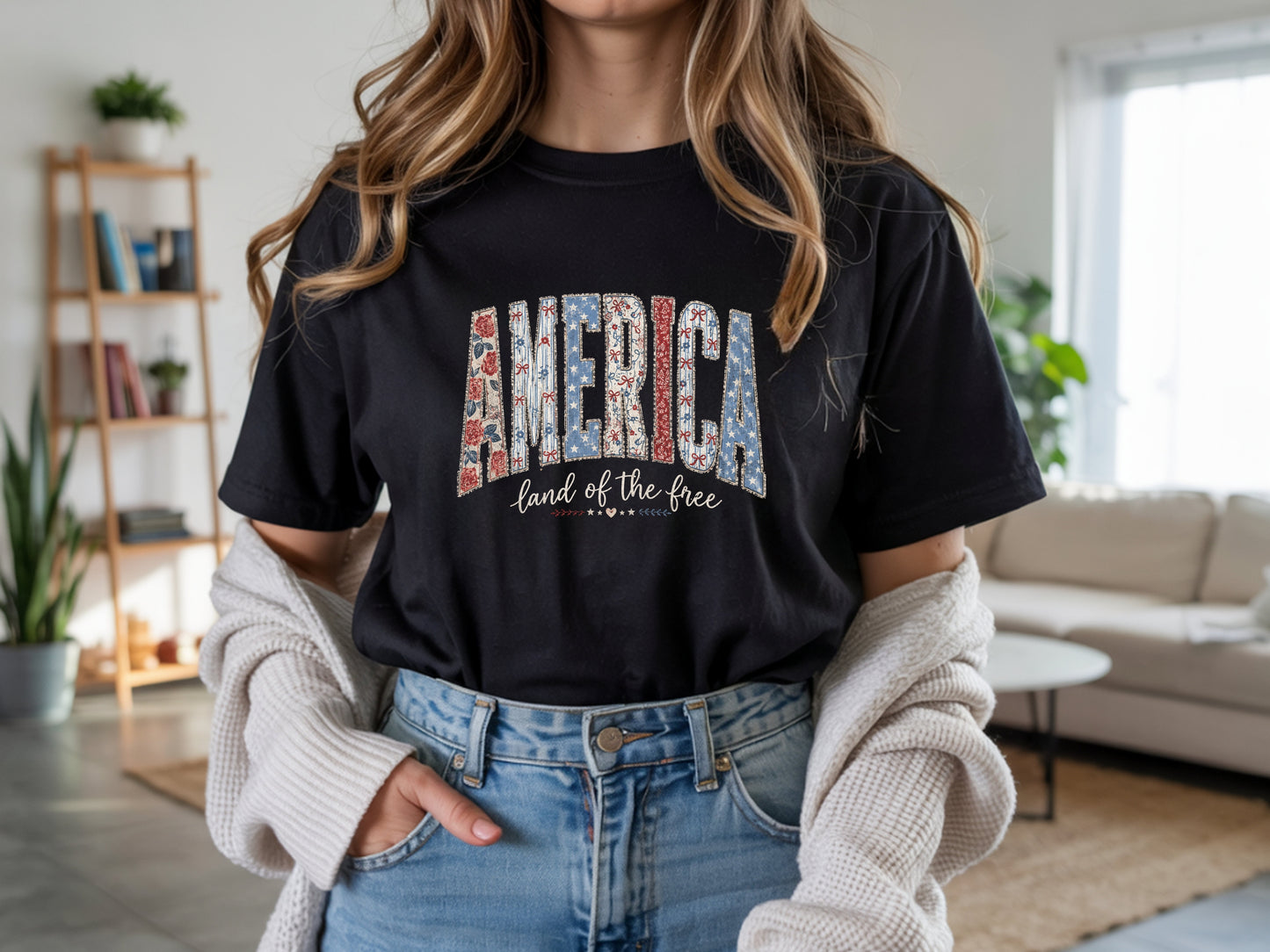 America Cherry Bow Patriotic T-Shirt — Coquette 4th of July Graphic Tee for Women